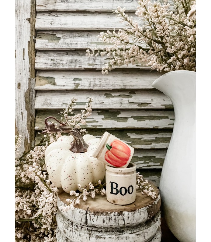 Antique Ironstone Mini Crocks w/ Boo & Pumpkin transfers - FALL